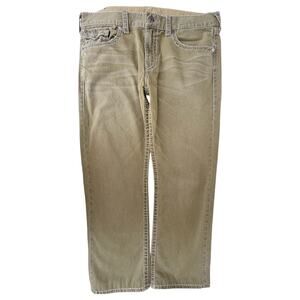 True Religion Mens Jeans 38 Khaki Section Straight White Stitch Designer Denim